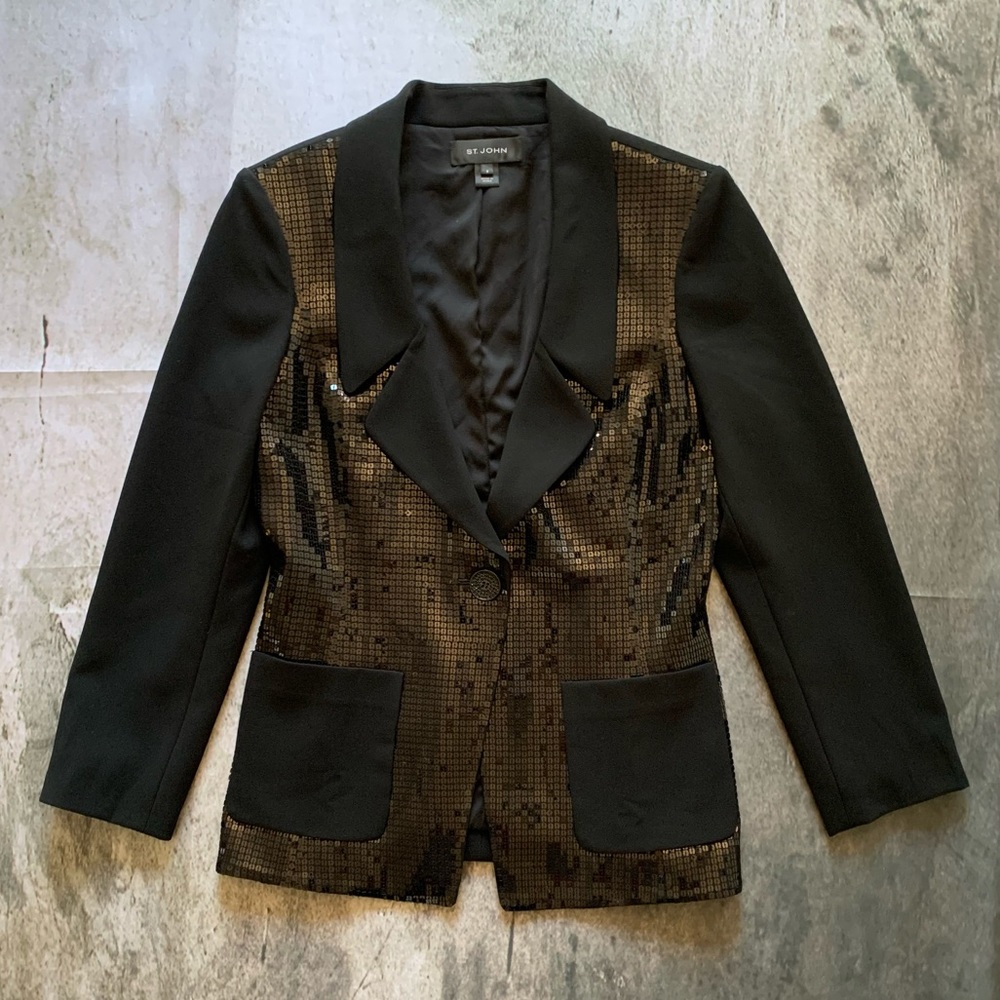 ST. JOHN Black Jacket Pailettes Rhinestones size 8